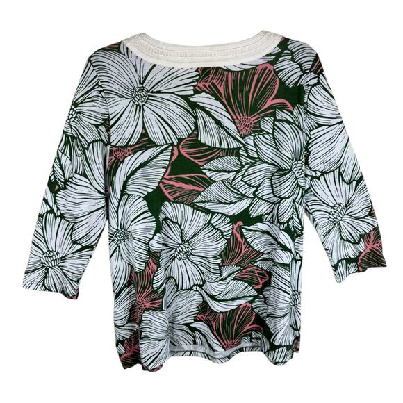Talbots Pima Cotton Modal White Green Pink Floral 3/4 Sleeve Lightweight Top MP - Picture 2 of 5